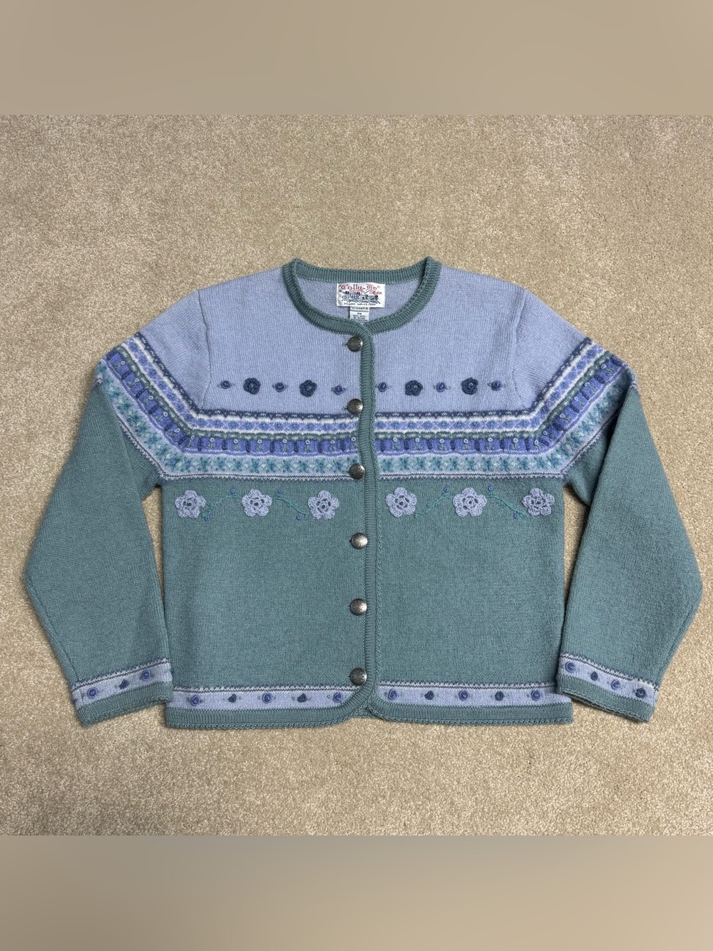 Vintage Tally Ho Cardigan Sweater Women Medium Blue Wool Embroidered Fair Isle